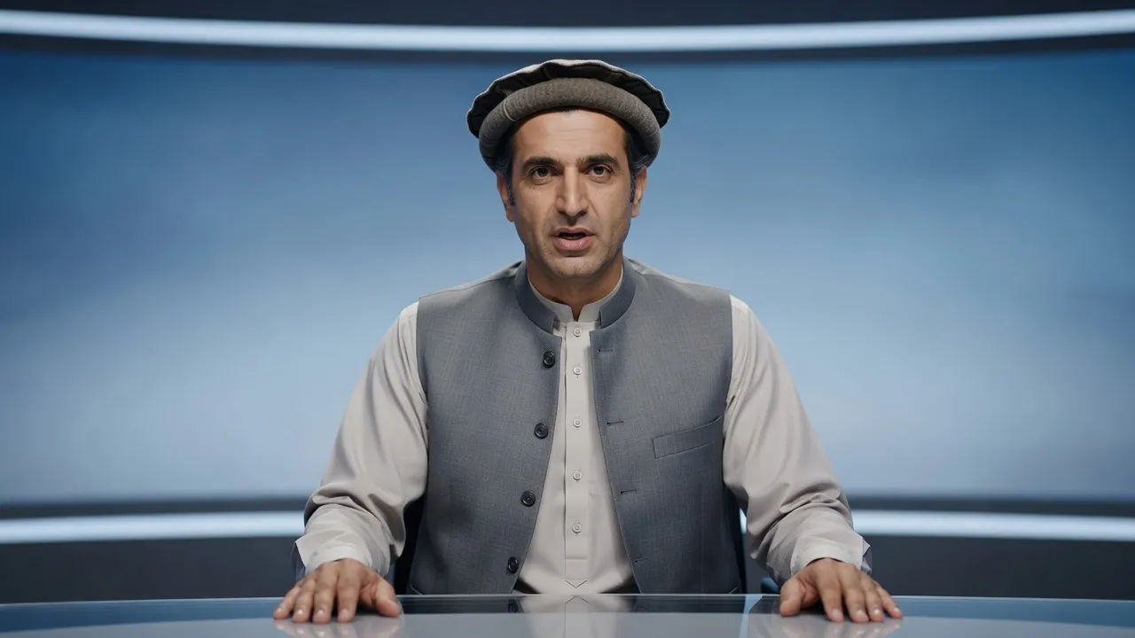 A Pashtun male news presenter in his forties wearing a traditional pakol cap