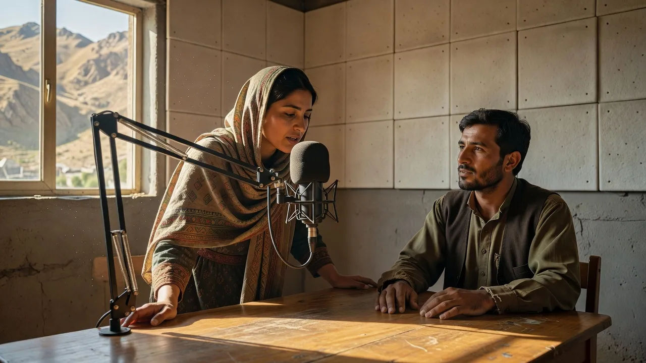 Interior of a small community radio station in an Afghan mountain town