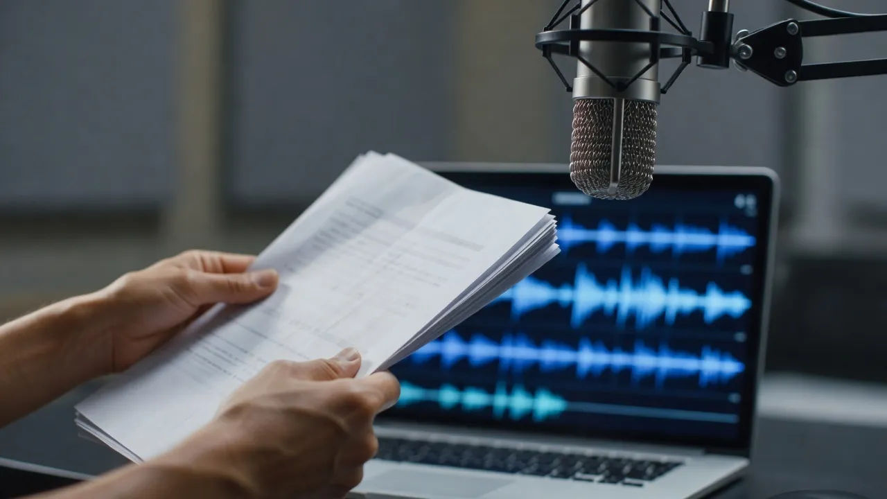 Close-up of a voice actor's hands holding plain unmarked paper script pages beside