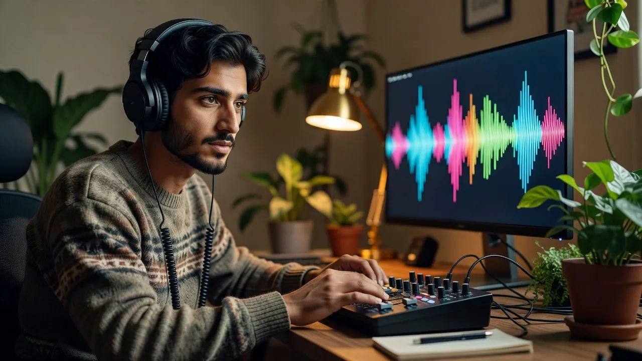 A young Afghan content creator at a tidy home-studio desk wearing over-ear headphones