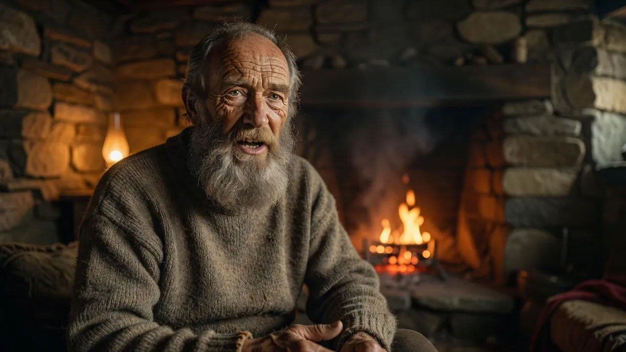 Photorealistic 16:9 medium close-up of a weathered elderly Highland man with a grey
