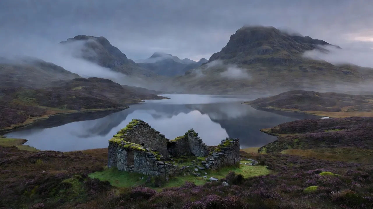 Photorealistic 16:9 wide landscape of the Scottish Highlands at dawn