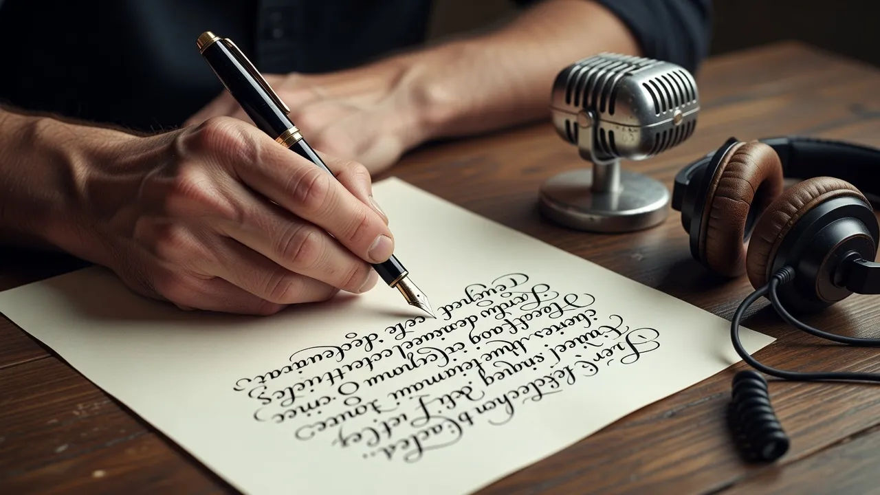 Photorealistic 16:9 close-up of a hand writing Gaelic-style cursive on plain unlined paper