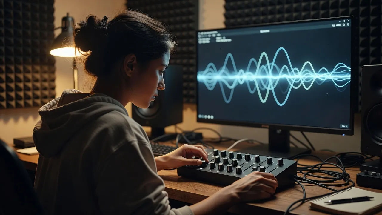 Photorealistic 16:9 over-the-shoulder shot of a young female audio creator in a home
