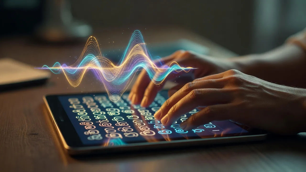 Sinhala script becoming a voiceover waveform on a tablet