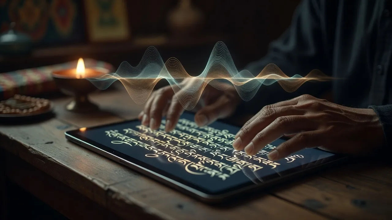 Tibetan script becoming a voiceover waveform on a tablet