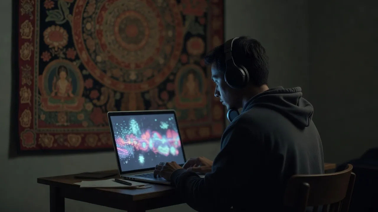 Editing a Tibetan voice prompt on a laptop for a meditation track
