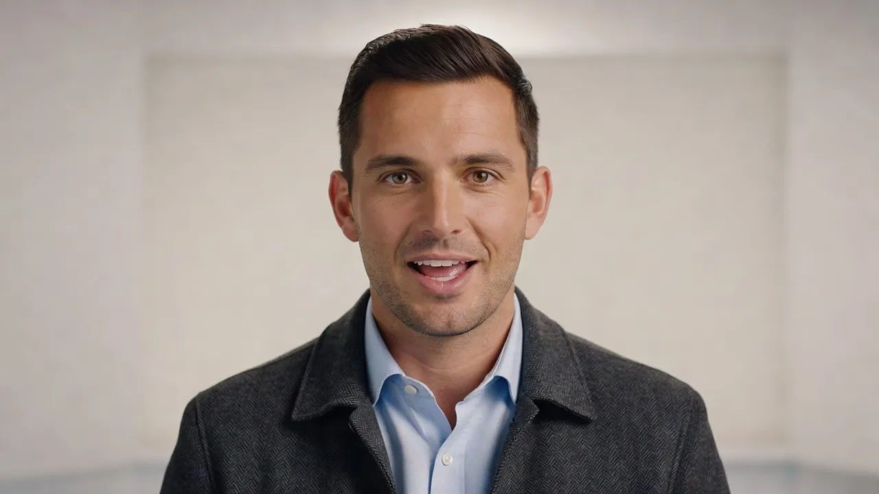 Photorealistic 16:9 medium close-up of a friendly Welsh male presenter in his thirties
