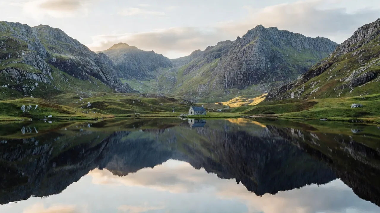 Photorealistic 16:9 wide landscape of Snowdonia