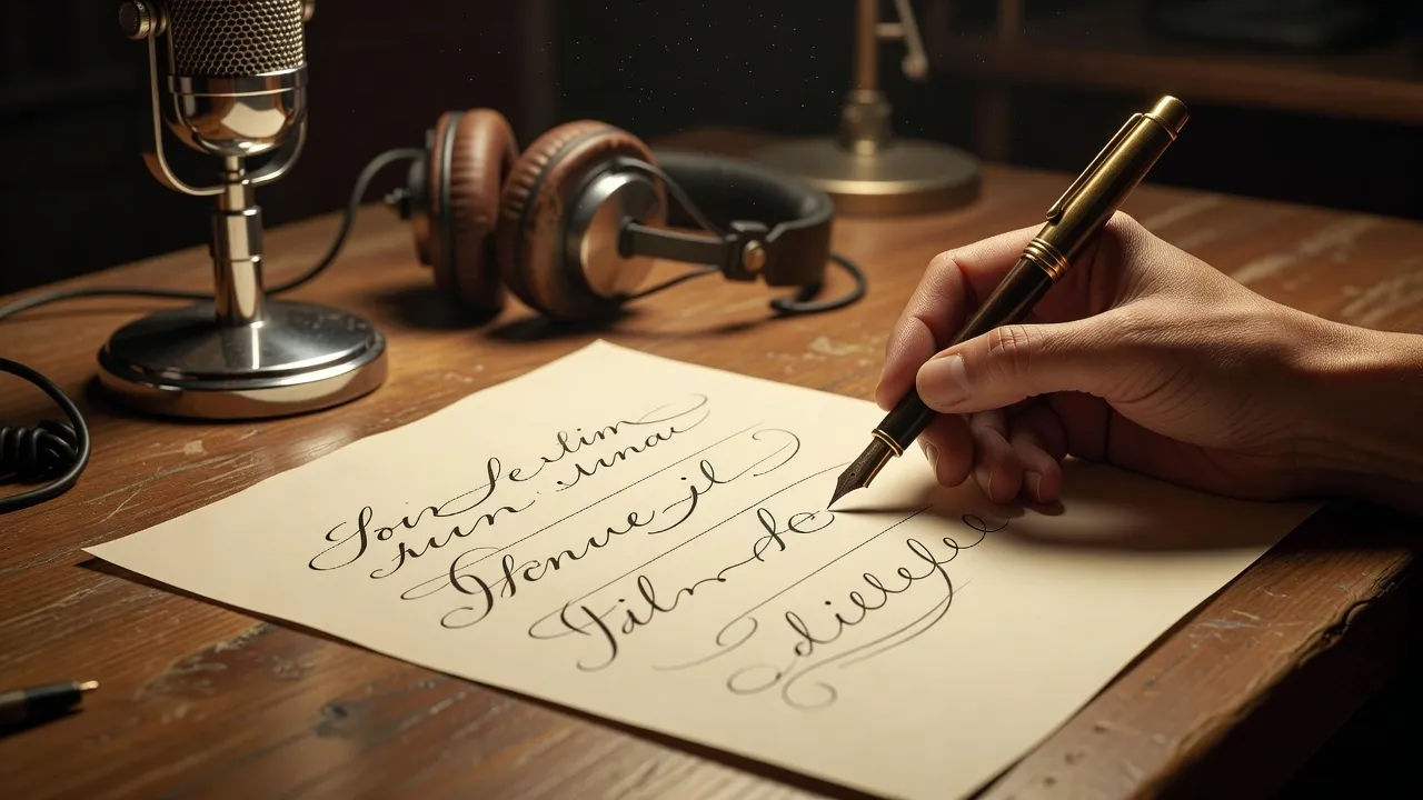 Photorealistic 16:9 close-up of a hand writing flowing script on plain unlined paper