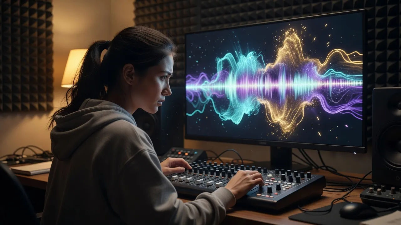 Photorealistic 16:9 over-the-shoulder shot of a young female audio creator in a home