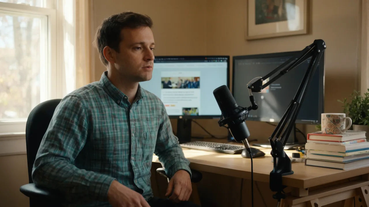 Creator editing an American voice prompt on a laptop