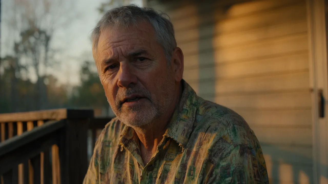 Cajun storyteller speaking to camera on a bayou porch