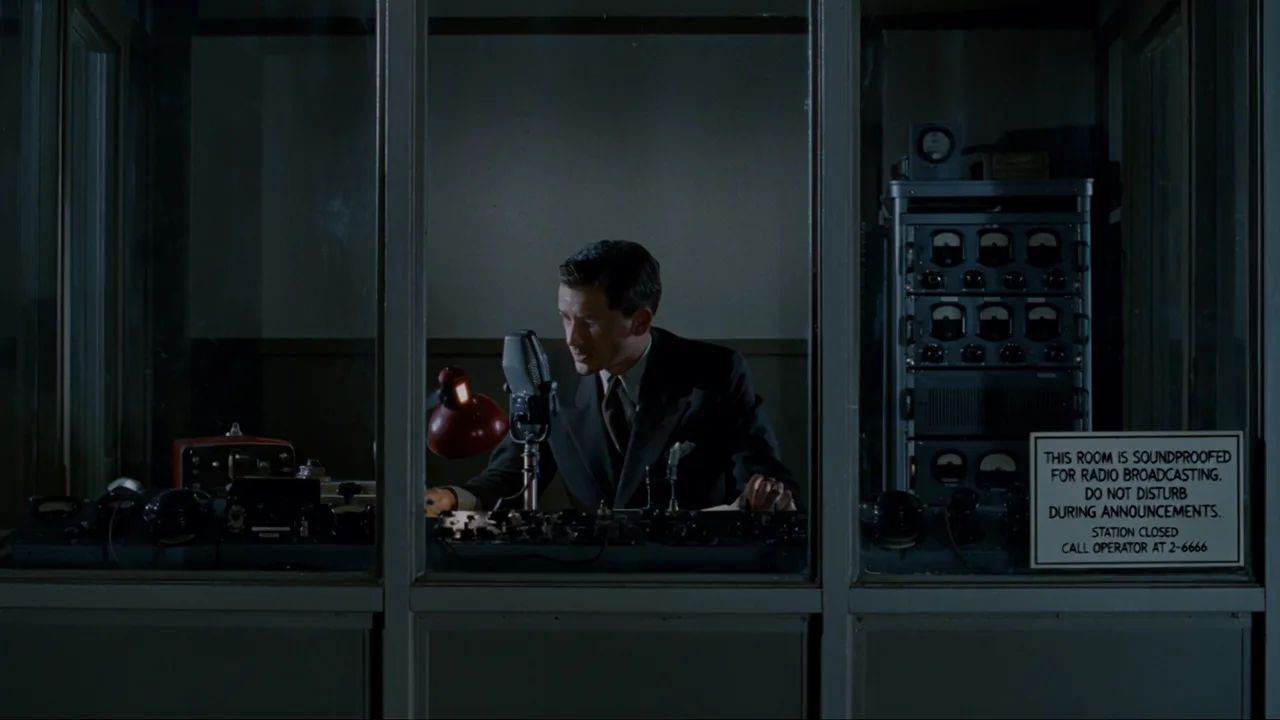 Newsreel announcer at a vintage microphone in a broadcast booth