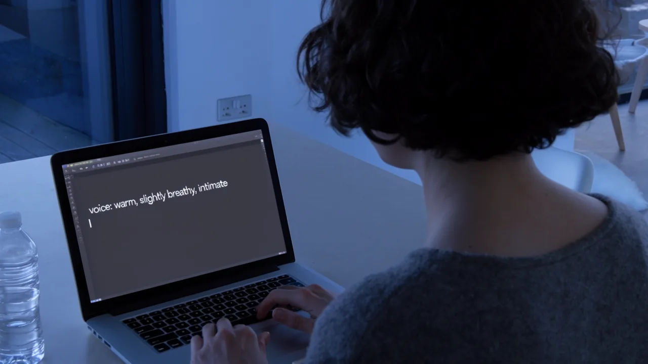 Creator editing a transatlantic voice prompt on a laptop