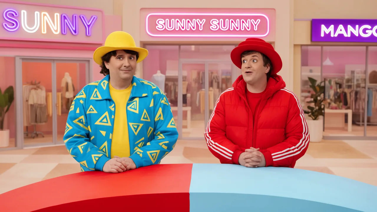 Comedy sketch performers filming in a pastel mall set
