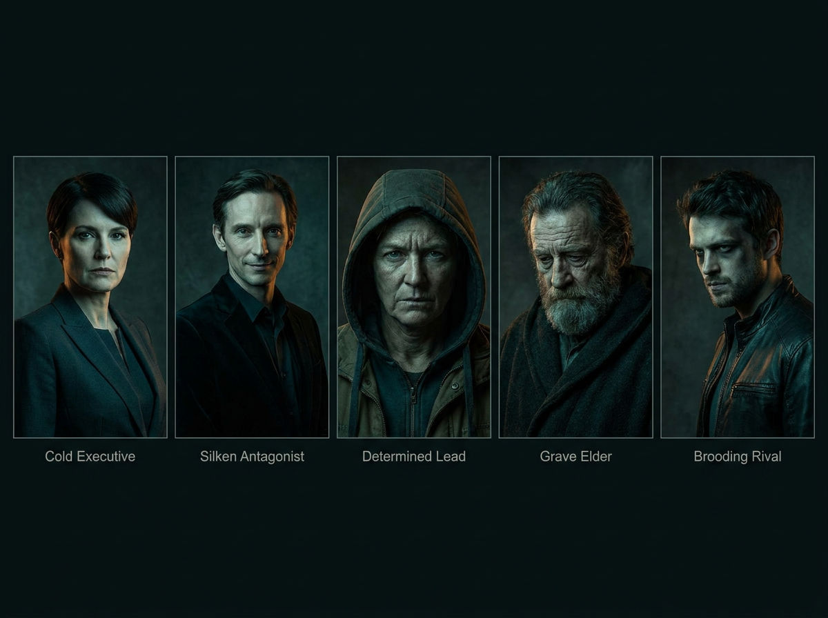A row of character portraits lit in moody contrast against a dark ground
