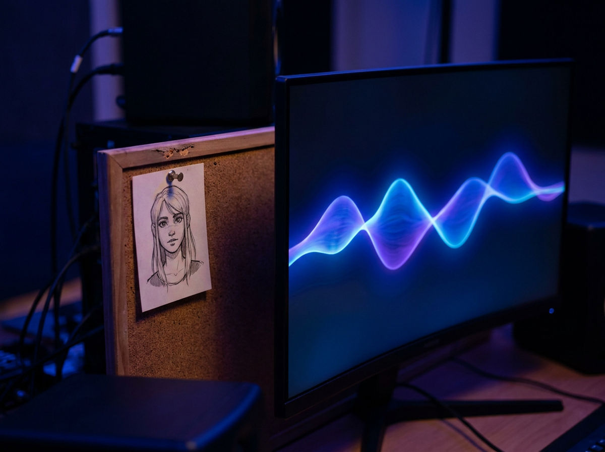 A character reference sheet pinned beside a waveform on a workspace screen