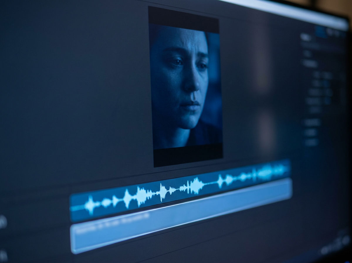 A subtitle track and a dubbed waveform aligned under a vertical video frame