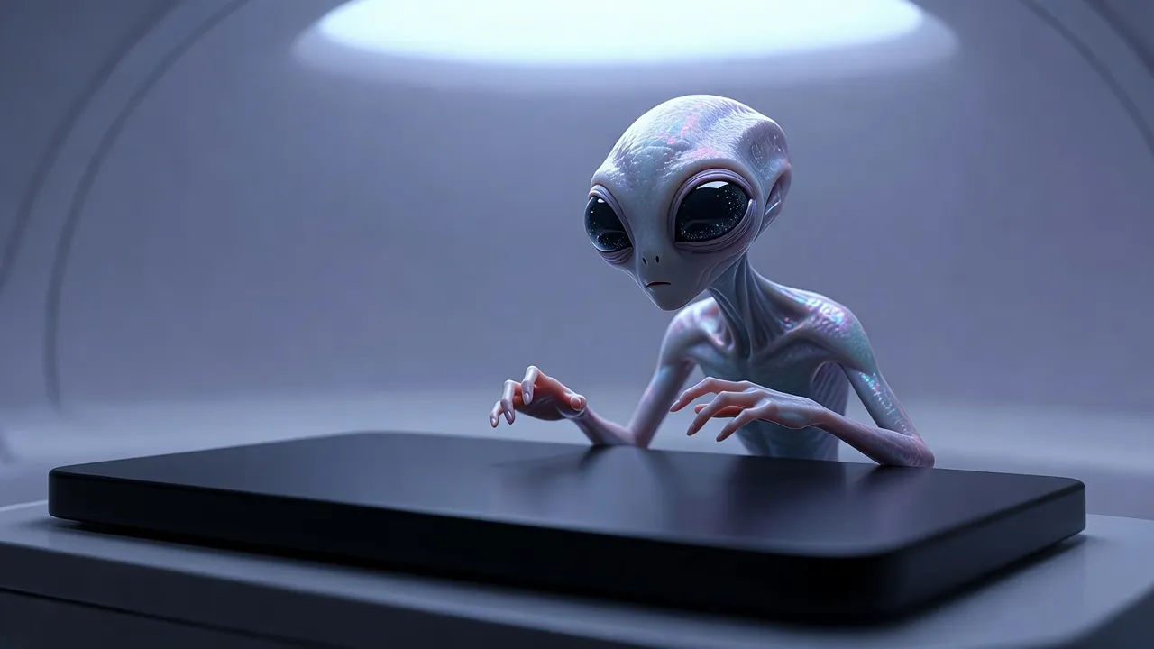 Curious alien visitor lit by soft ship light