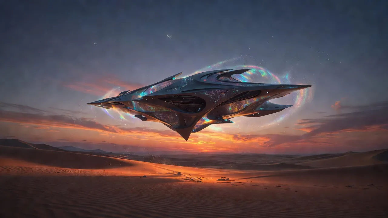 Alien craft hovering over a glowing desert at dusk