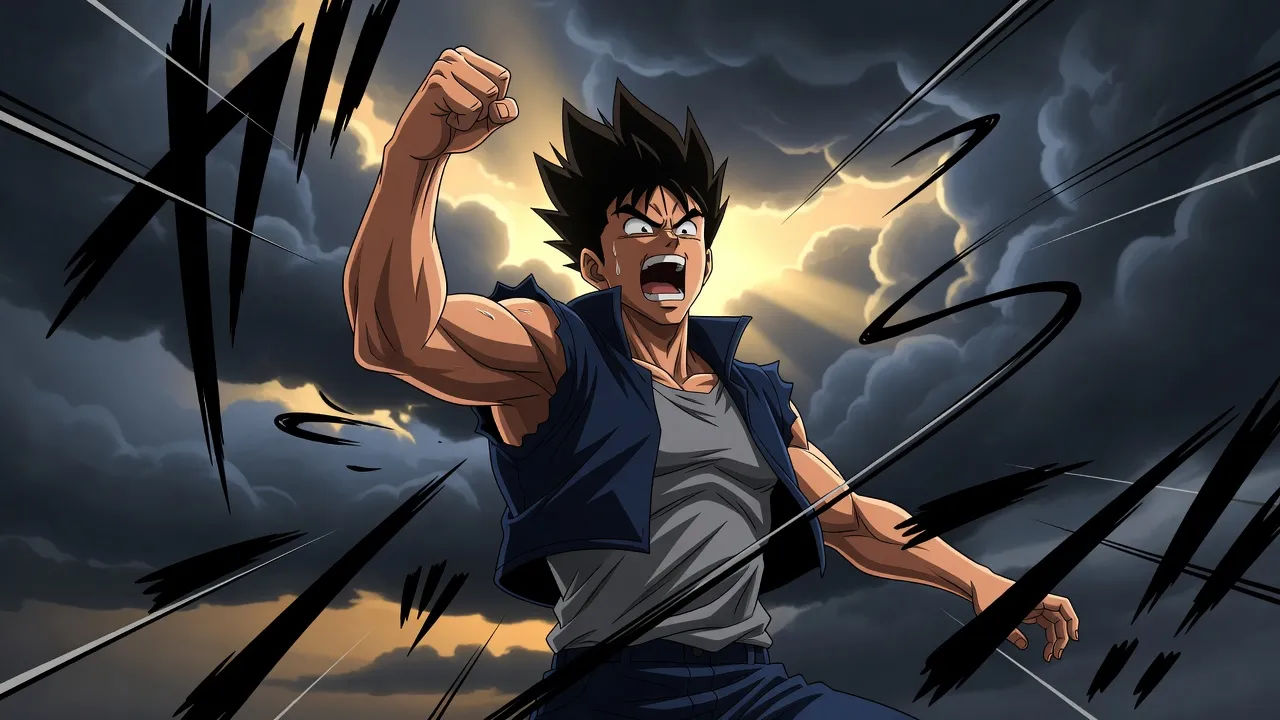 Determined anime hero mid-shout, cel-shaded style