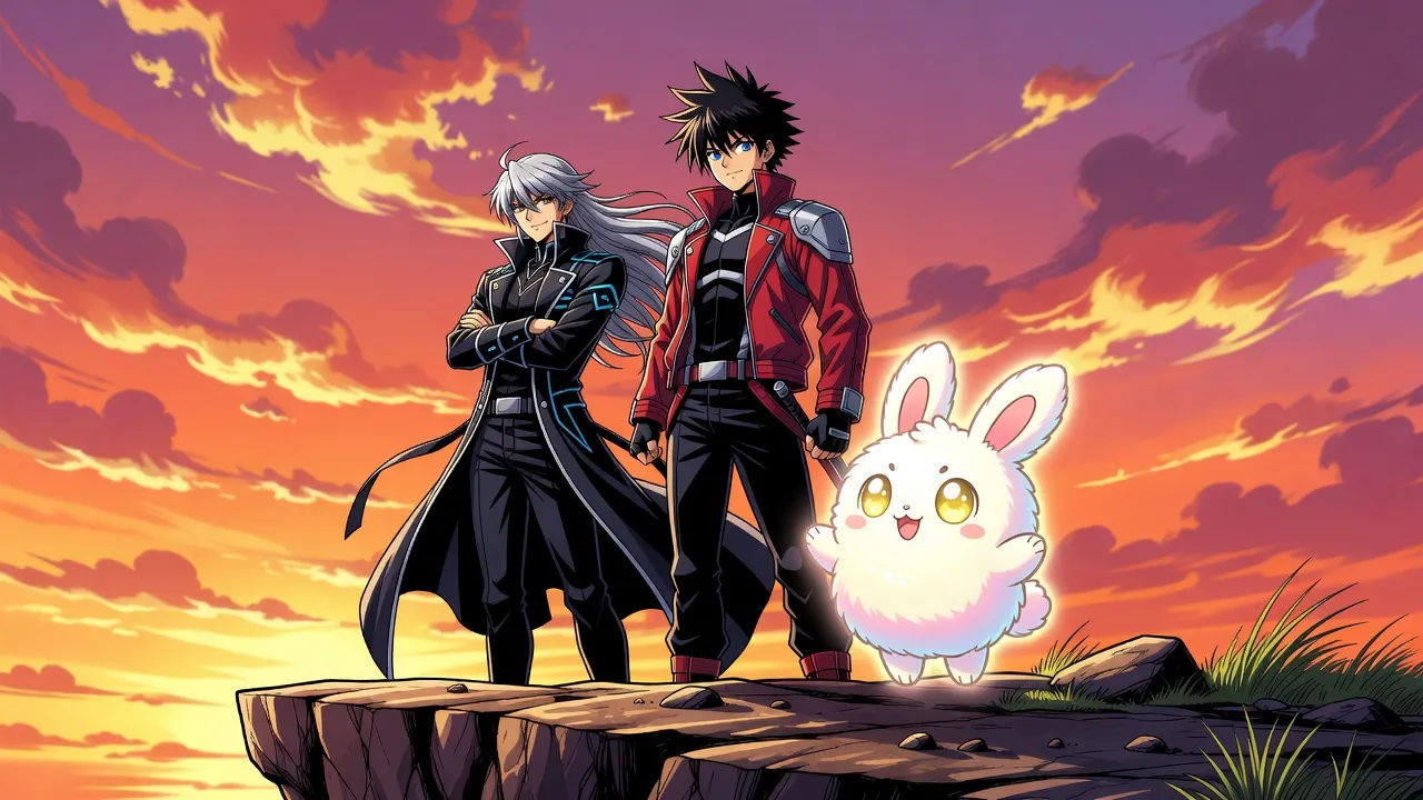 Group of anime characters posed against a dramatic sky