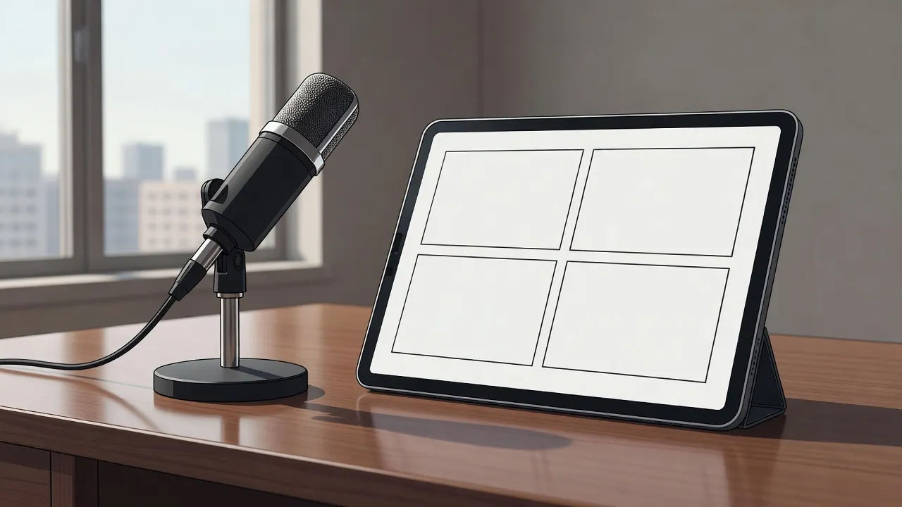 Studio mic beside a tablet showing storyboard panels