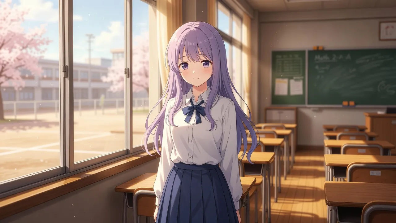 Soft-spoken anime heroine in a sunlit classroom scene