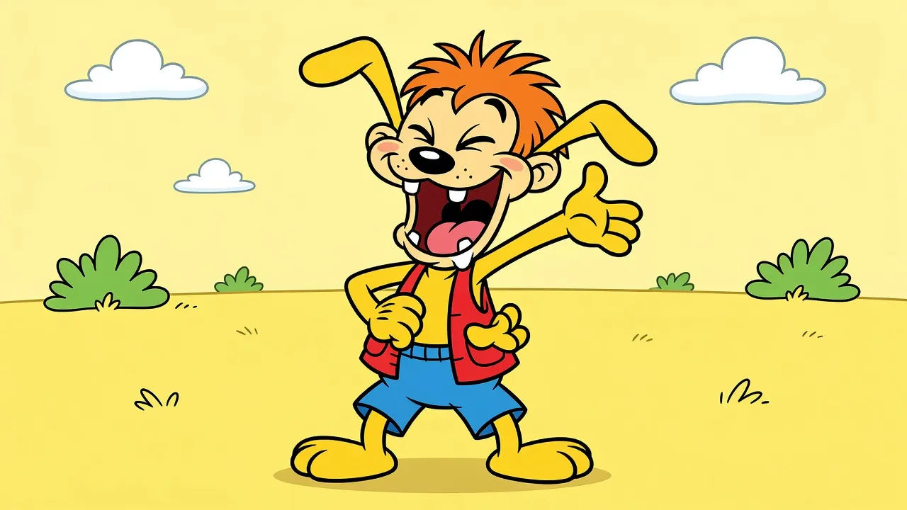 Goofy cartoon sidekick mid-laugh, hand-drawn style