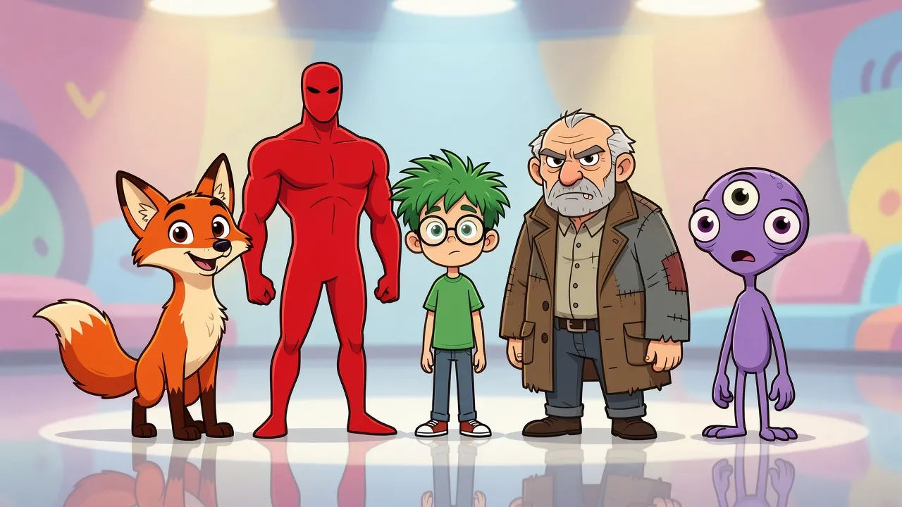Lineup of colorful cartoon characters on a bright set