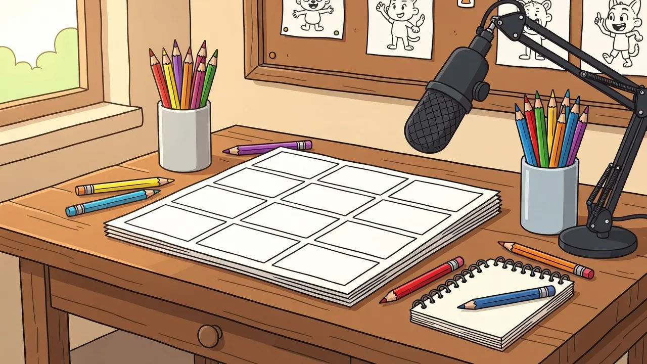 Animation desk with storyboard frames and a mic