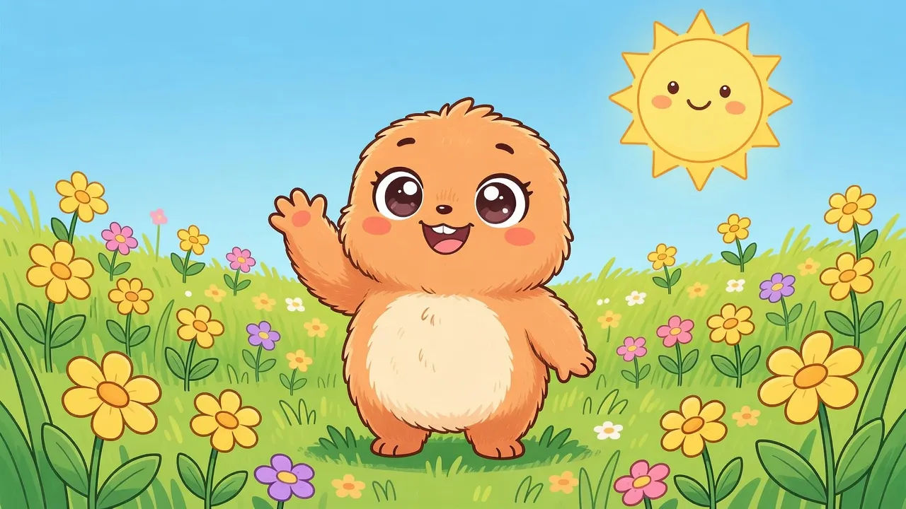 Cartoon critter waving from a sunny meadow scene