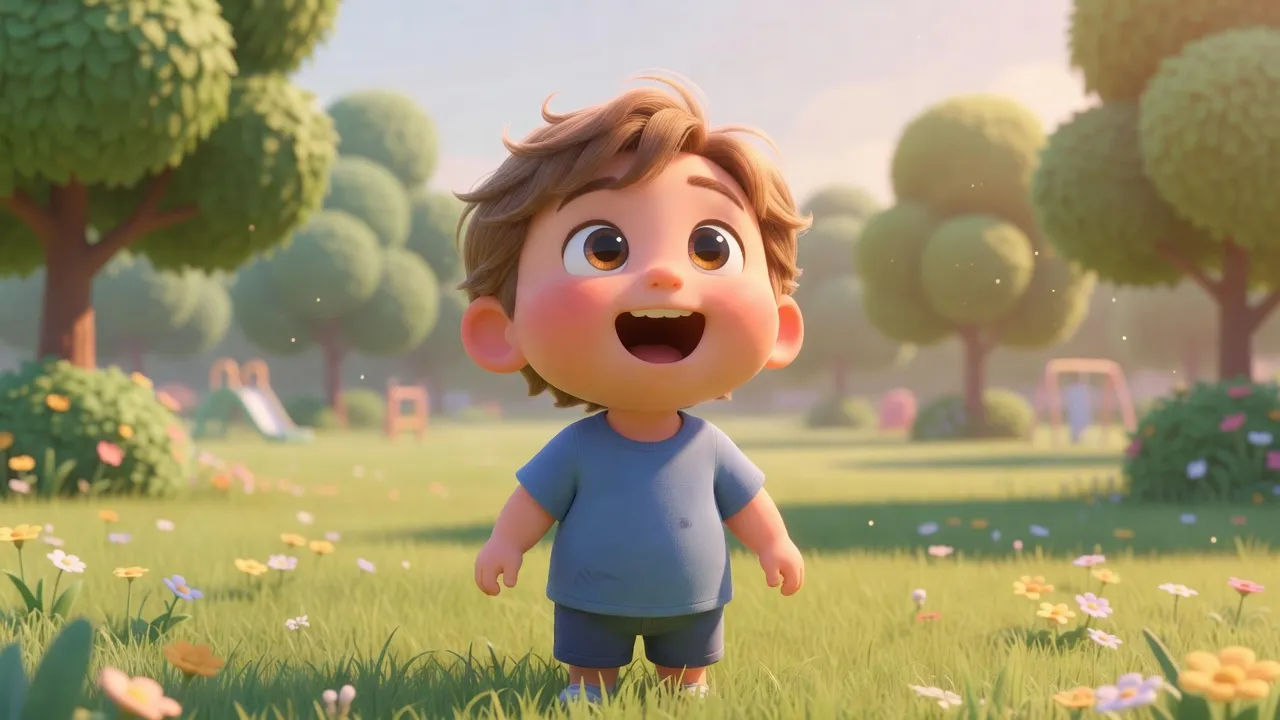 Cheerful cartoon kid mid-laugh in a sunny scene