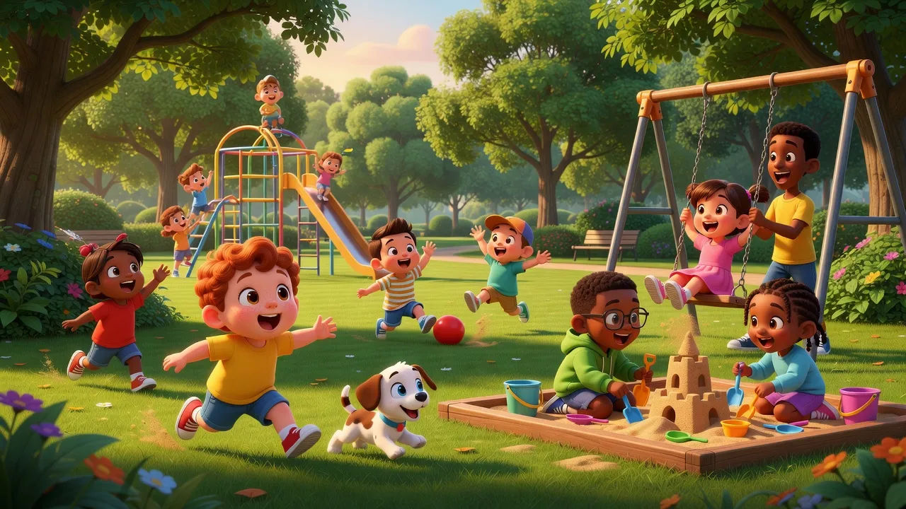 Group of cartoon children playing in a bright park