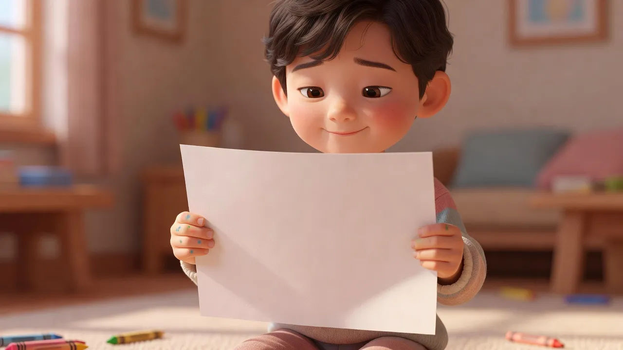 Shy cartoon child holding a crayon drawing