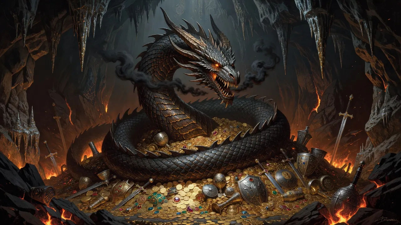 Ancient dragon coiled on a hoard of gold