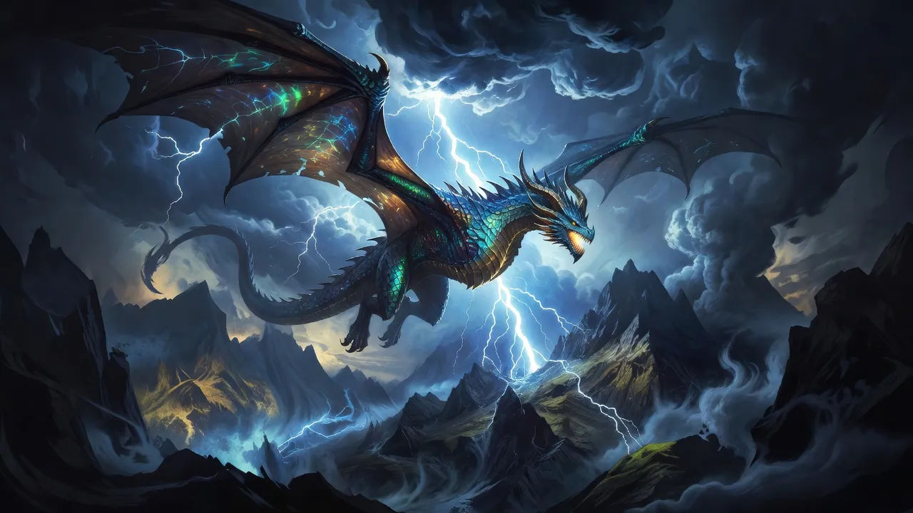 Dragon in flight over a storm-lit mountain range