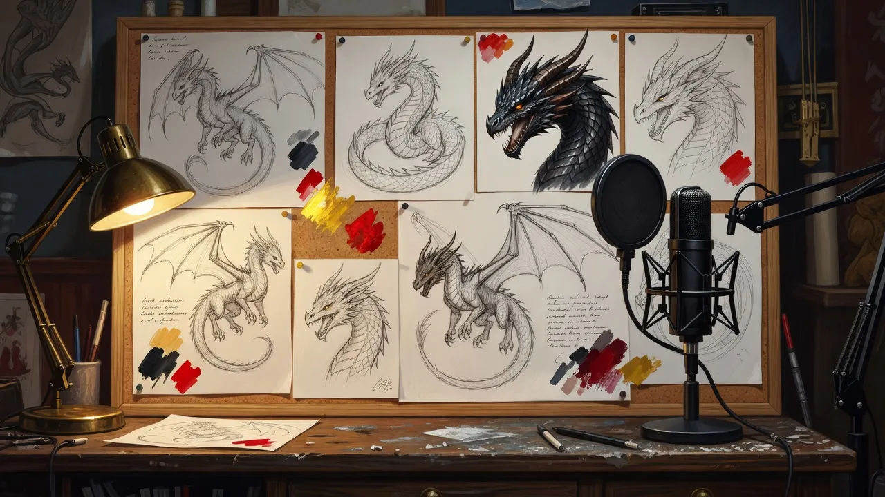 Concept art of a dragon beside a studio mic