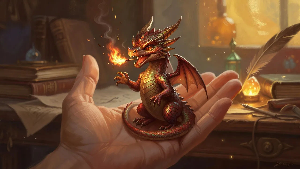 Tiny pocket dragon perched on an open palm
