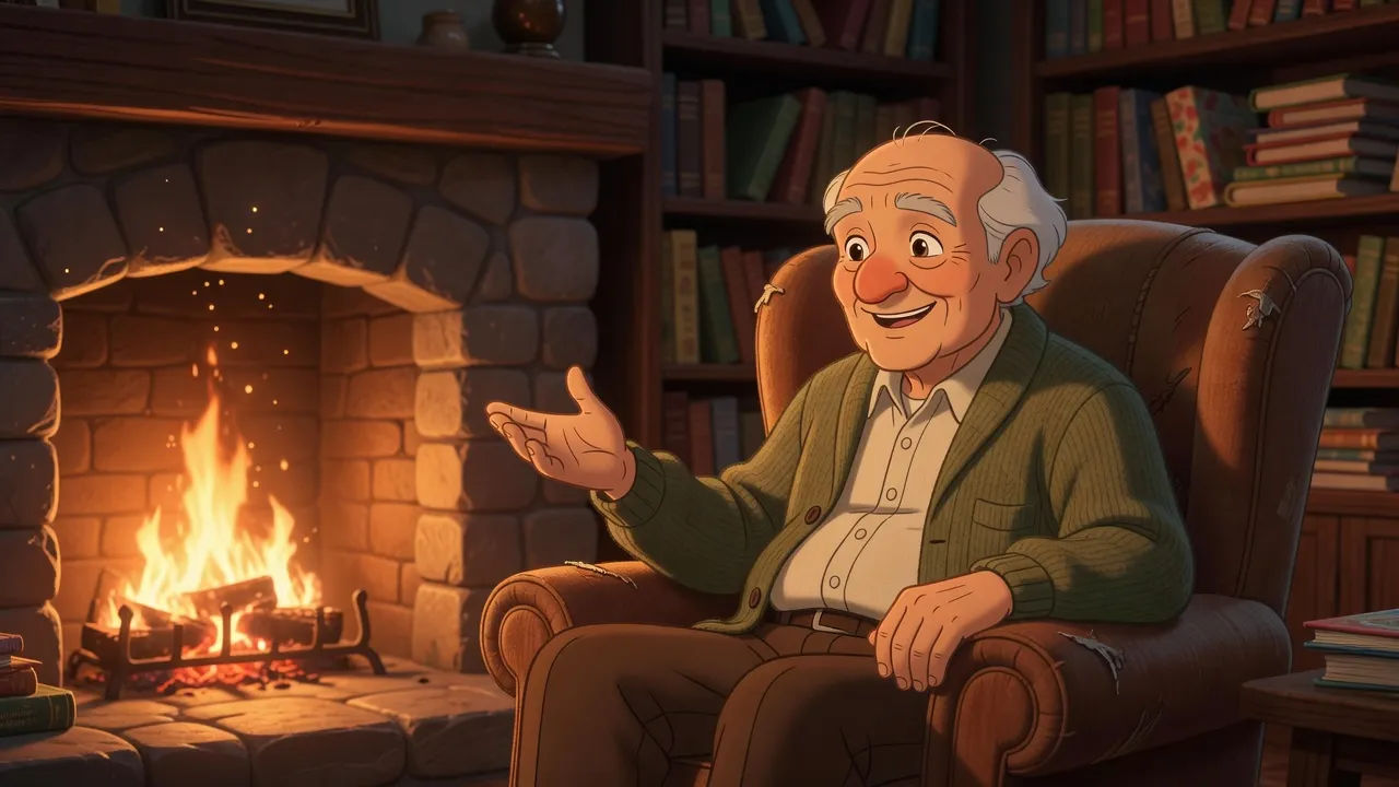 Warm cartoon grandfather telling a story by the fire