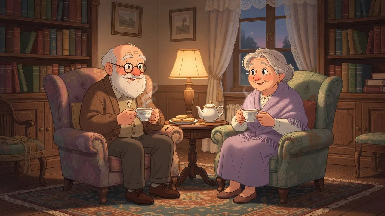 Cozy parlor with two cartoon elders sharing tea