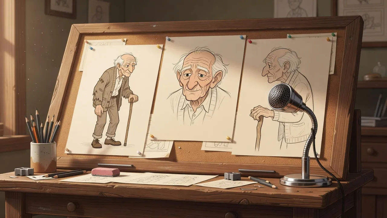Animation desk with elder character sketches and a mic