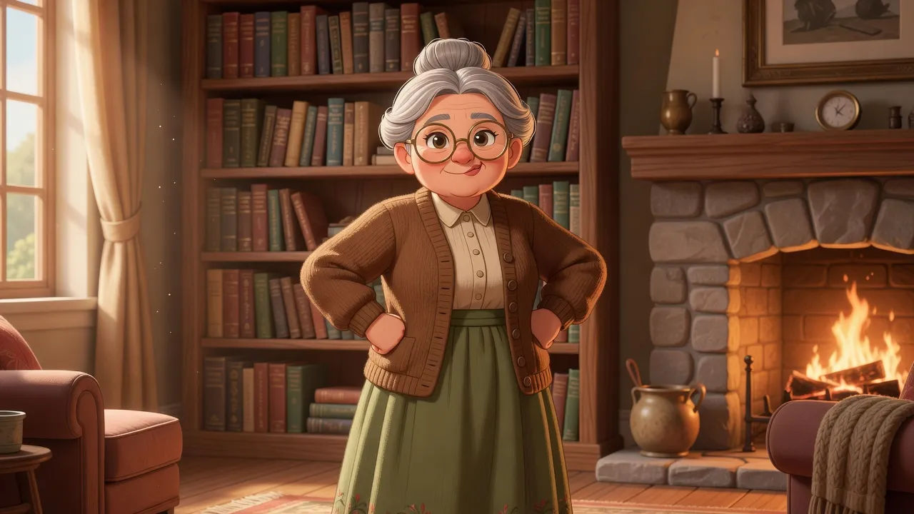 Feisty cartoon grandmother with a knowing smile