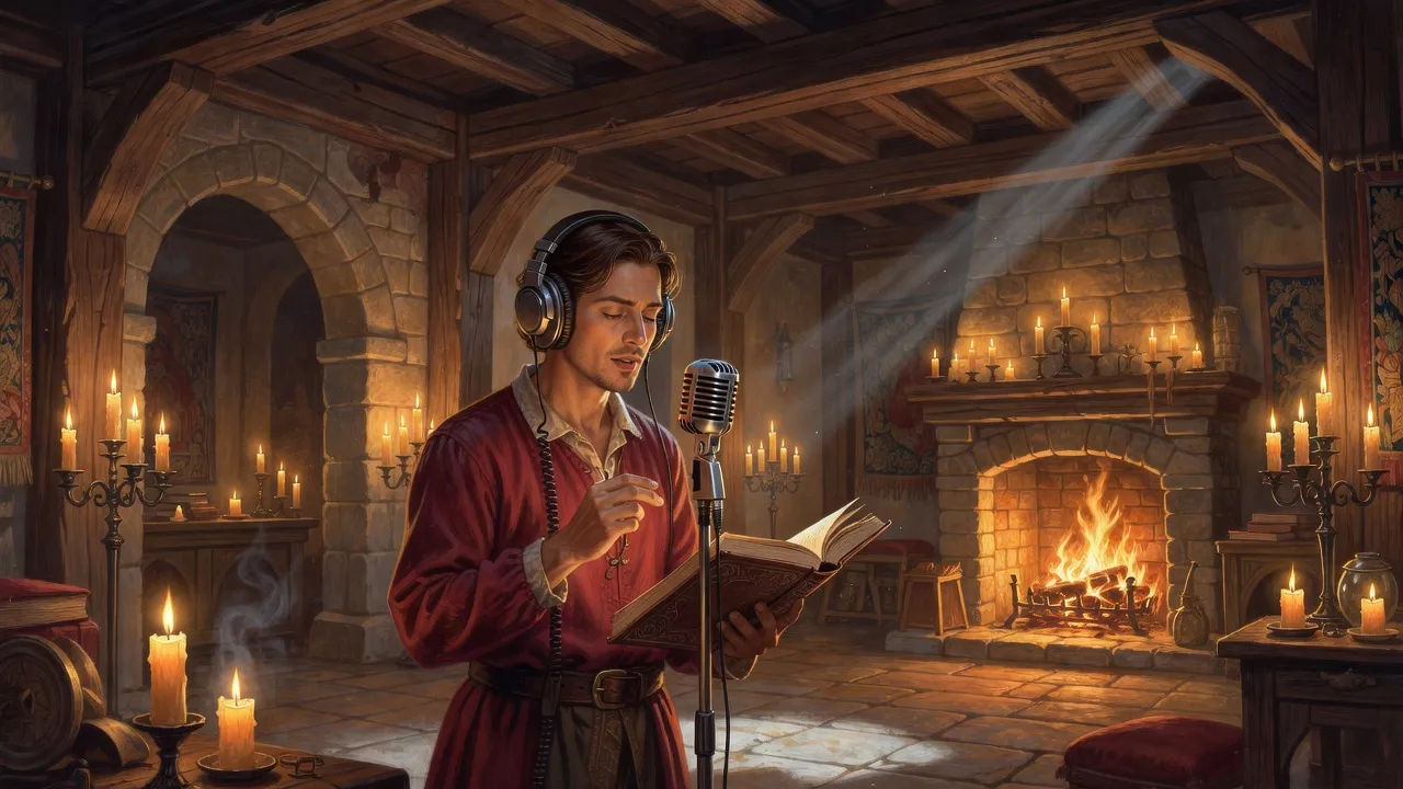 Narrator reading by candlelight in a beamed hall