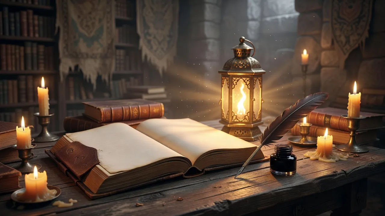 Open leather-bound tome beside a glowing lantern