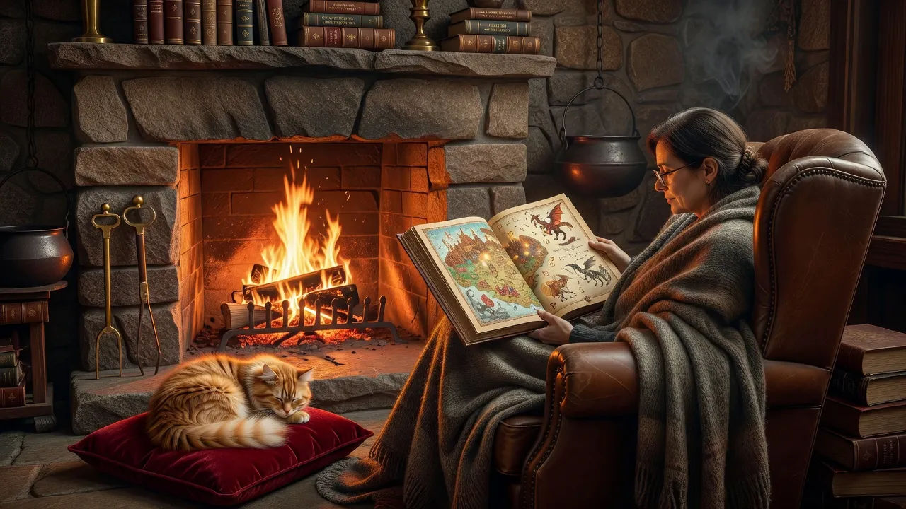 Reader at a hearth with an open illustrated book
