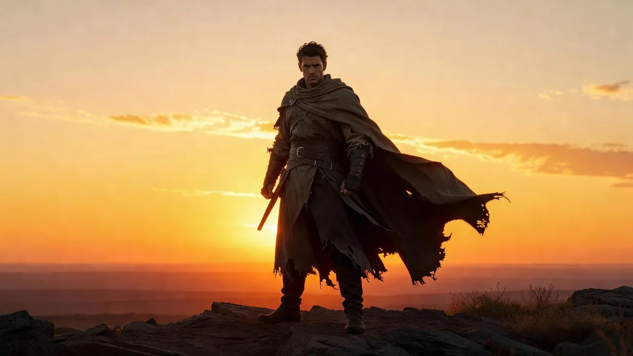 Determined hero standing firm against a bright horizon