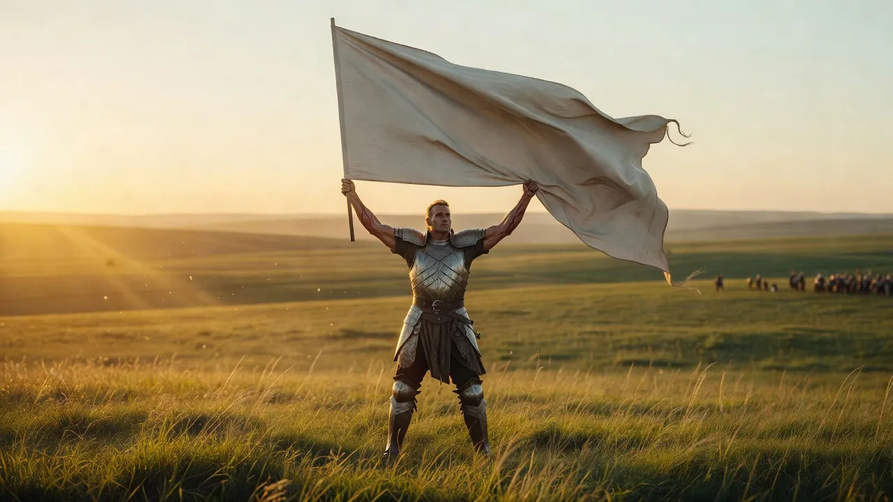 Champion raising a banner over a sunlit field