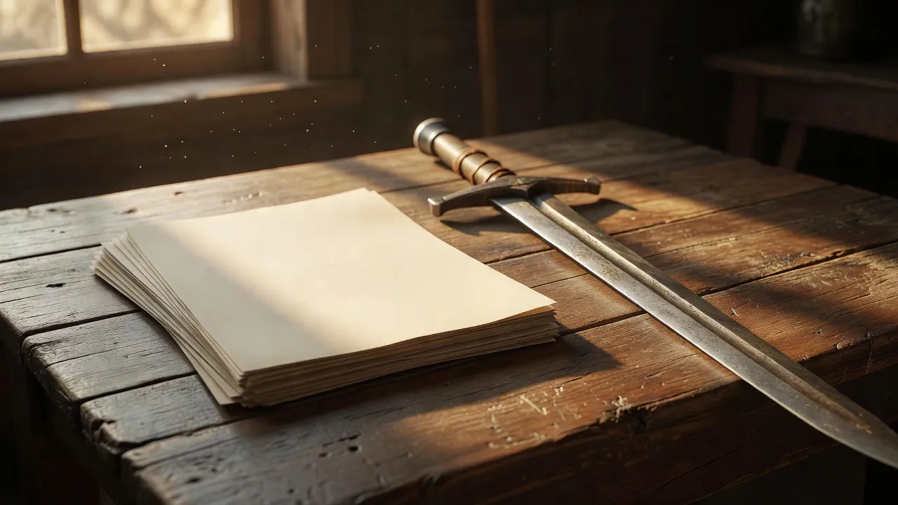 Script pages beside a worn sword on a wooden table